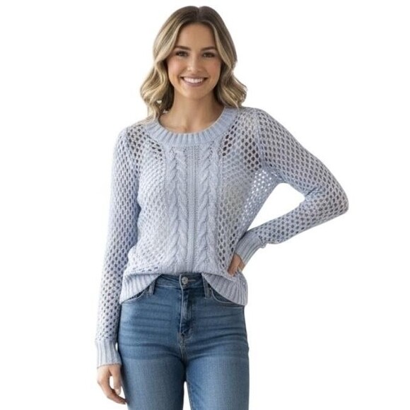 Sweater Project Sweater Womens Medium Blue Open Knit Cable Crewneck Metallic - Picture 1 of 12